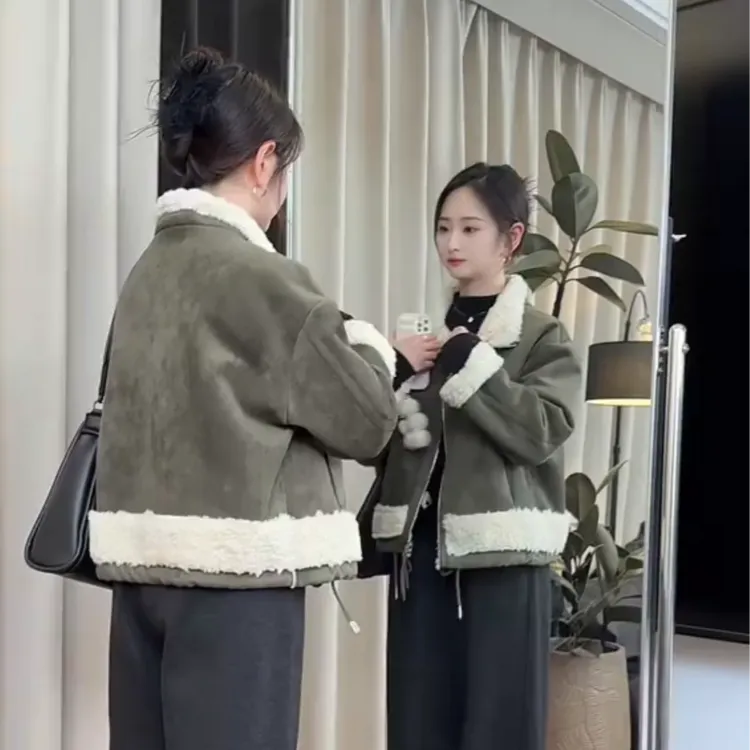 2025冬季高级感立领双面穿毛毛一体短外套女装时尚加厚保暖上衣