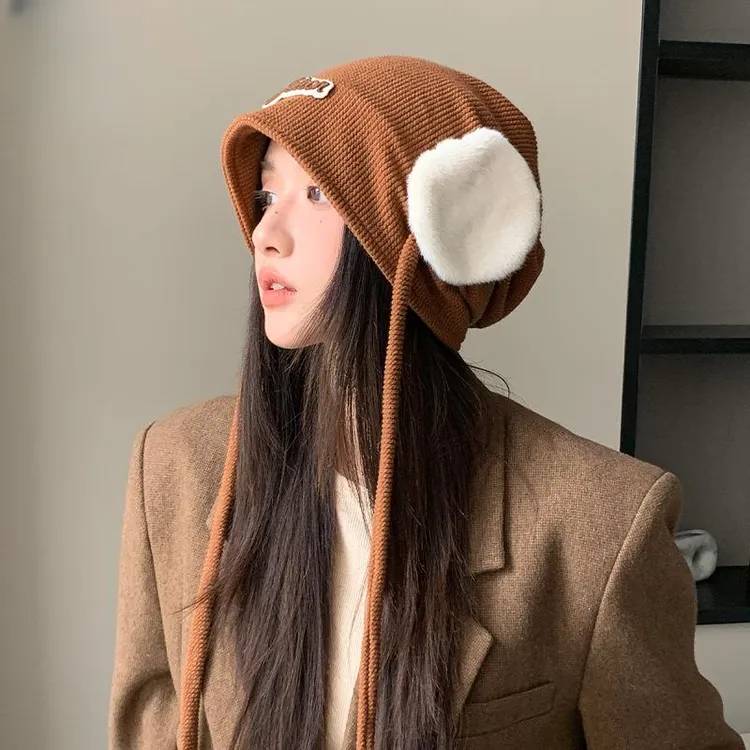 韩版慵懒风堆堆帽女出游休闲护耳帽大头围显脸小冷帽逛街出游百搭