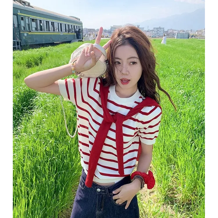 2025夏季气质chic韩系穿搭显瘦上衣披肩撞色条纹两件套6618