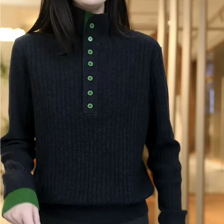 秋冬新款撞色坑条宽松毛衣女士立领针织打底衫气质高品质内搭上衣