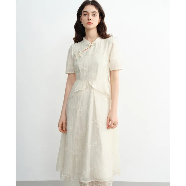 独束大码女装法式浪漫新中式连衣裙国风拼接收腰裙子25DS82320