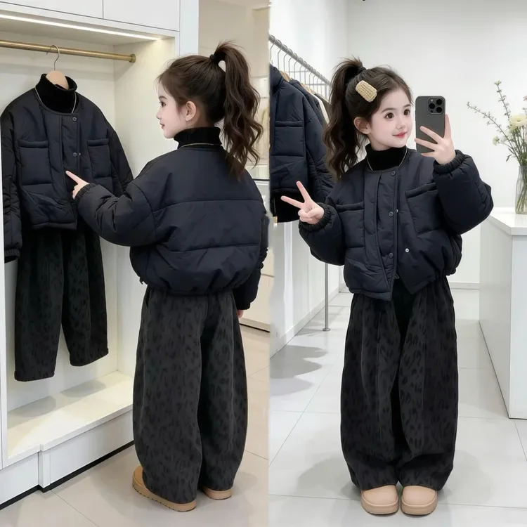 女童秋冬装新款儿童冬季韩范棉服外套加绒豹纹裤时尚百搭两件套潮