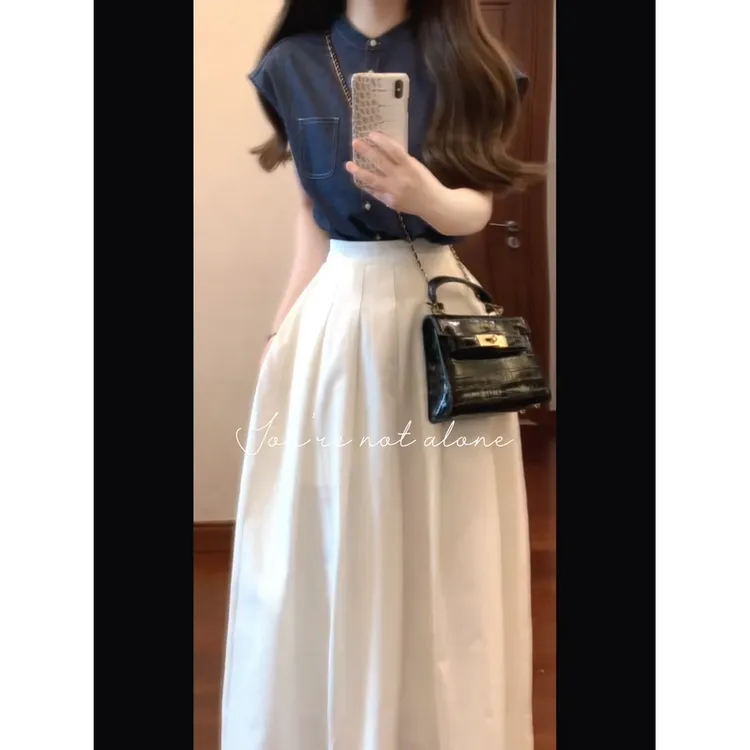 2025夏季新款小众高级感坎肩牛仔衬衫上衣搭高腰显瘦半身裙套装女