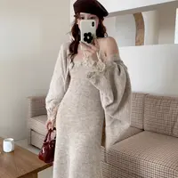 RENYI RILAR新品高级感钩花挂脖长裙蕾丝拼接两件套RRTZ014