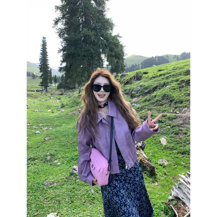 MARIE.COCO美式紫色夹克外套早秋短款女小个子韩版气质碎花连衣裙