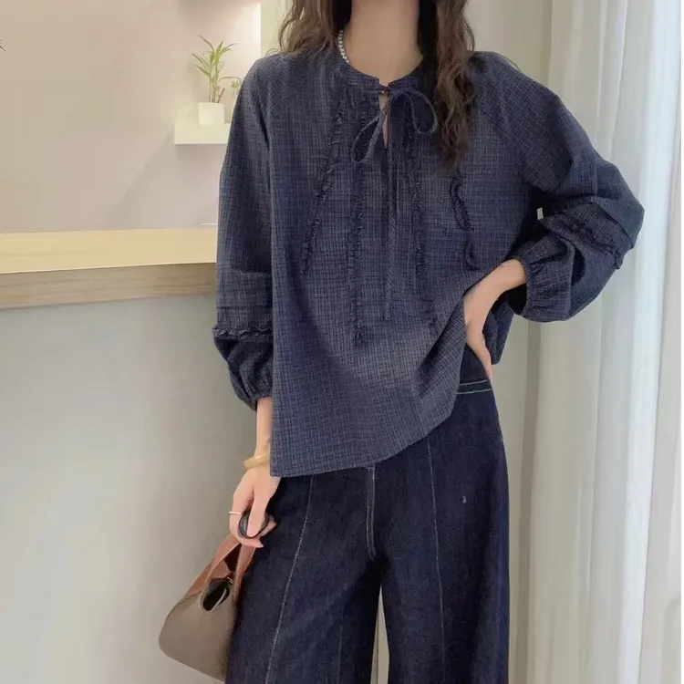 欧洲站2025早秋新款欧货木耳边系带格子衬衫女士春秋宽松衬衣上衣