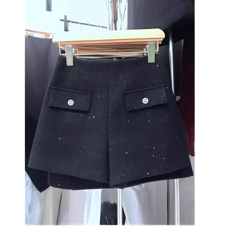 小香风闪闪亮片毛呢短裤大码胖mmA字版高腰阔腿裤靴裤西装裤女