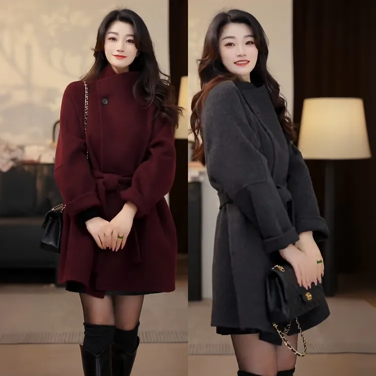 雅鹿系带外套时尚2025冬季新款韩版纯色百搭收腰大衣立领