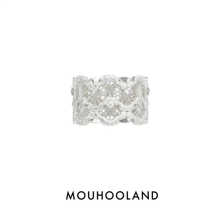 Mouhooland/暮后之地 925银戒指 双层蕾丝扇形戒指轻奢小众时尚