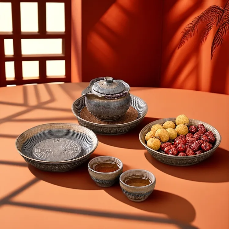 手工原矿粗陶壶承古朴粗犷干泡台日式茶承厚重陶器蓄水圆形壶托盆