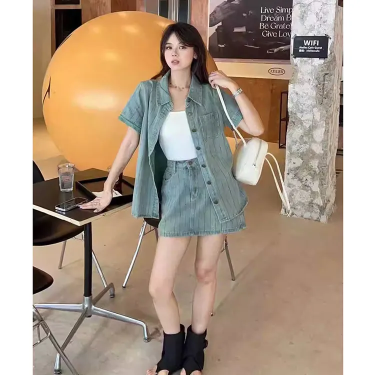 时尚牛仔上衣短裙两件套2025夏季新款修身显瘦套装炸街时尚港风