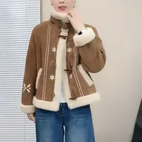 新款冬装加绒纯色刺绣长袖保暖常规女少女风拼接撞色毛毛外套