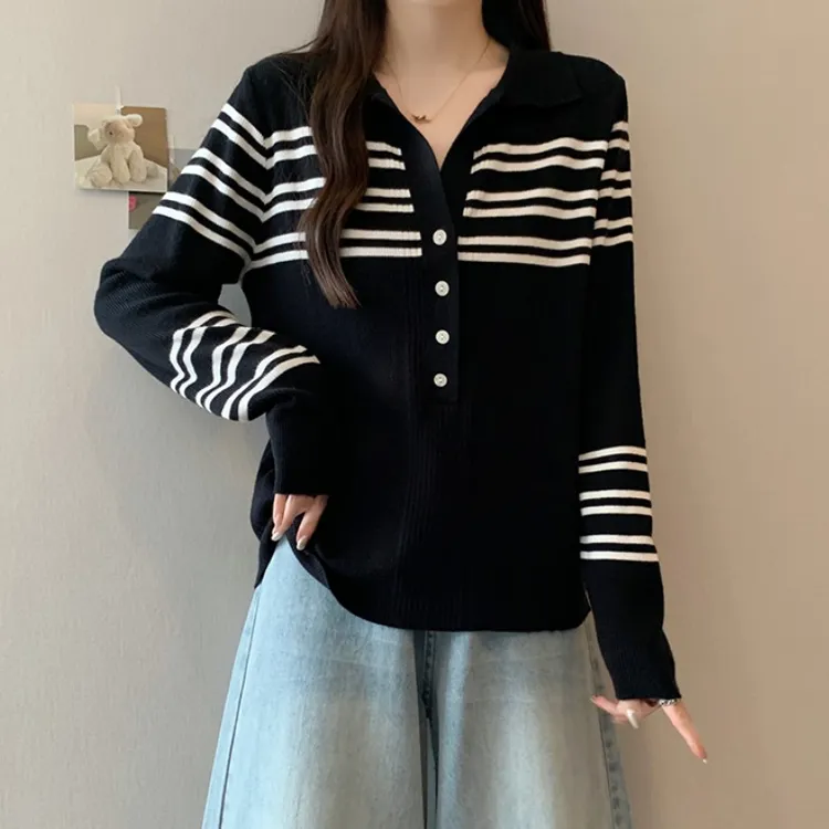 大码遮肚子POLO领条纹长袖针织衫女春秋胖MM宽松显瘦百搭打底毛衣