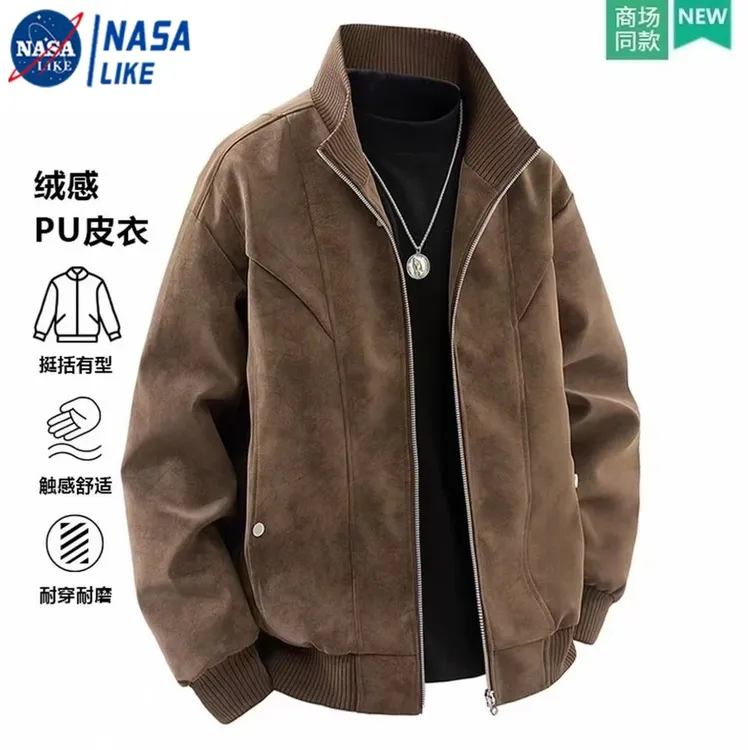 NASA联名麂皮绒夹克秋冬季大码男士加绒保暖外套潮牌皮衣上衣舒适