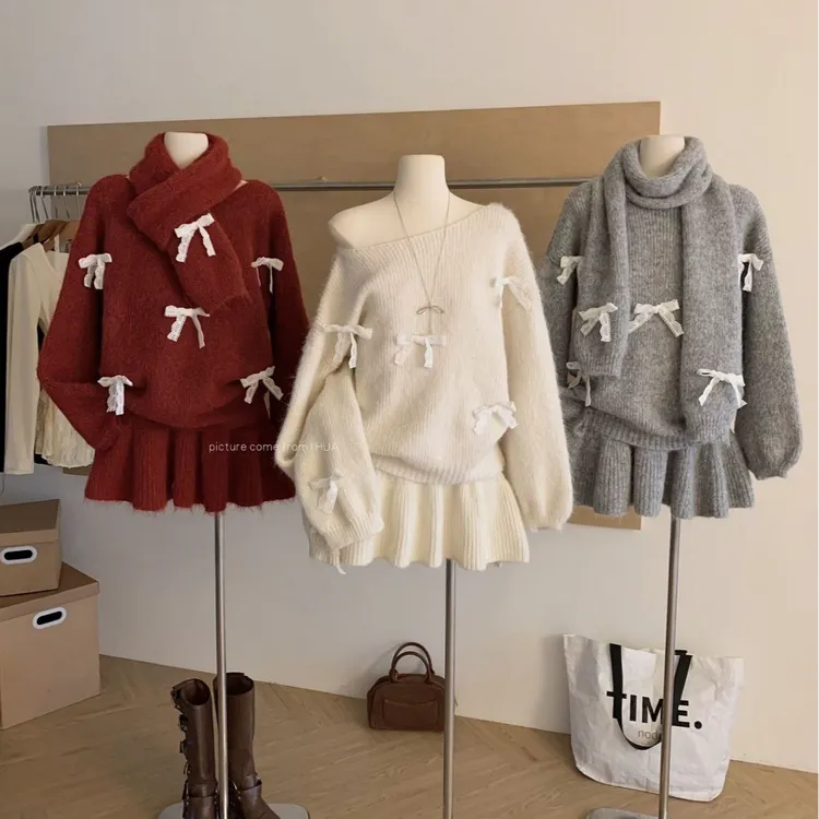 韩系一整套深冬穿搭毛衣套装女2025新款重工蝴蝶结针织三件套#932
