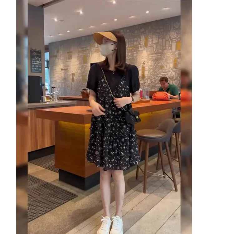 泡泡袖拼接假两件印花连衣裙女2025年夏季新款高腰显瘦短袖中长裙
