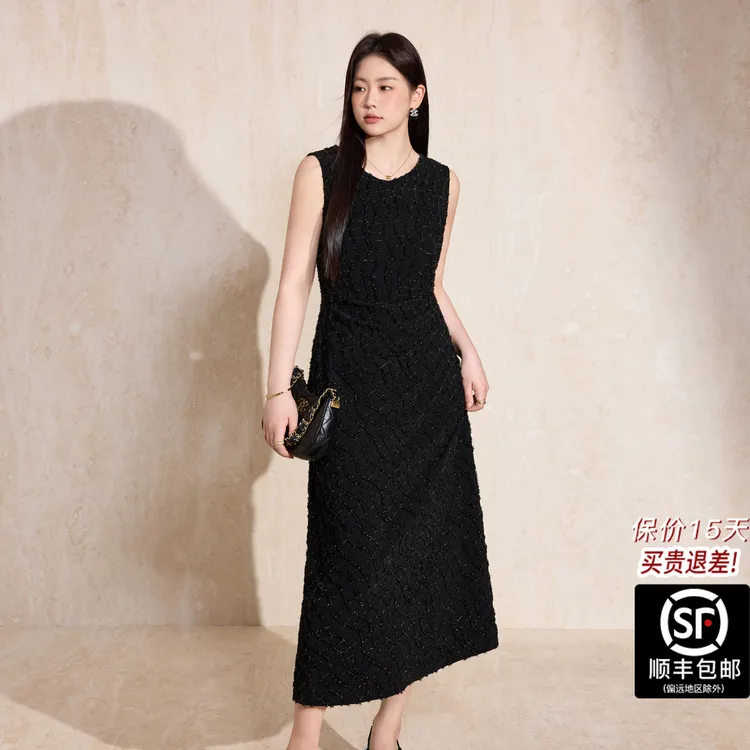 蓝语大码女装黑色立体流苏金丝线格纹圆领无袖连衣裙2025秋冬新款