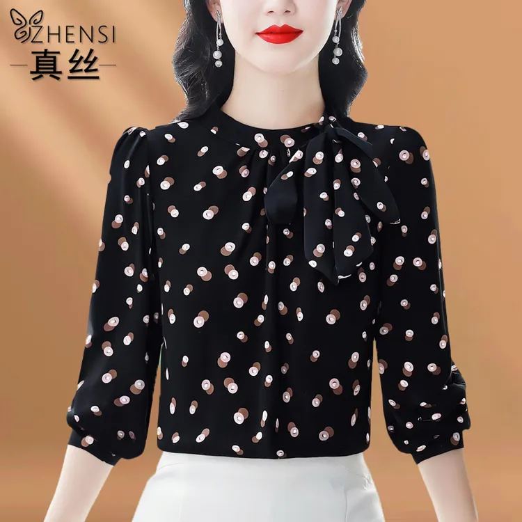 杭州高端大牌真丝衬衫女士长袖小衫高级感波点印花洋气桑蚕丝上衣