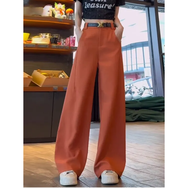 拉夏贝尔窄版阔腿裤女2025新款夏季高腰显瘦垂感洋气西装直筒裤