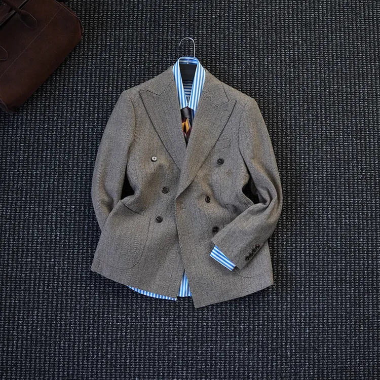 CsuGent秋冬季人字纹羊毛戗驳领双排扣西服男高定保暖西装外套潮