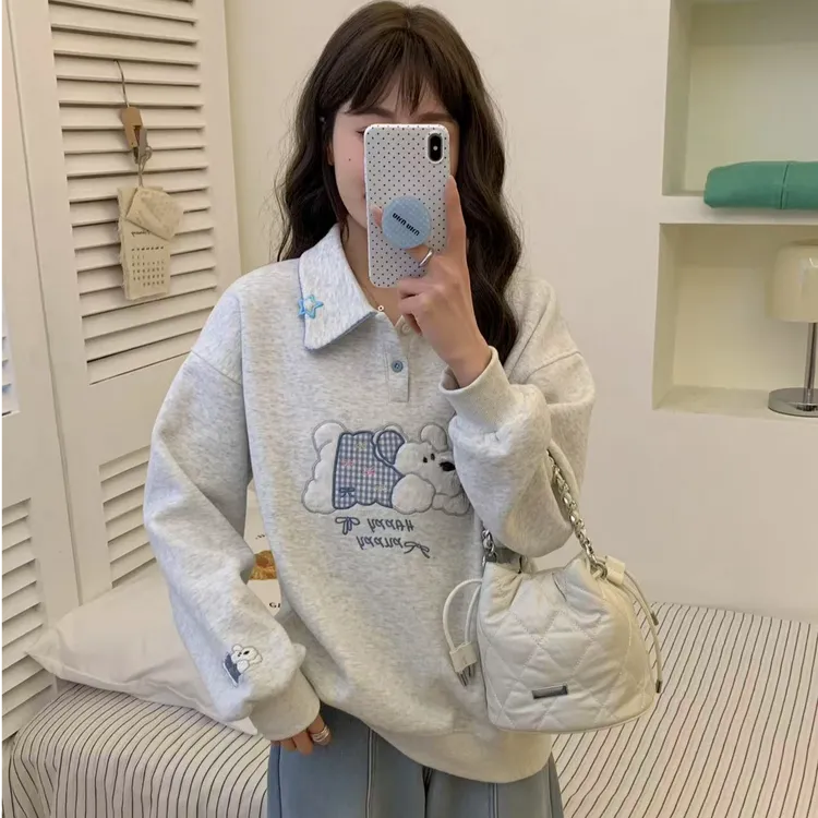 韩系小众设计POLO领卫衣女春季新款卡通刺绣小狗宽松洋气套头上衣