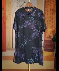 暗夜紫藤斜襟中长复古奥黛长衫