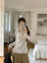 少女风波点木耳边长袖t恤女设计蝴蝶结绑带显瘦圆领上衣打底