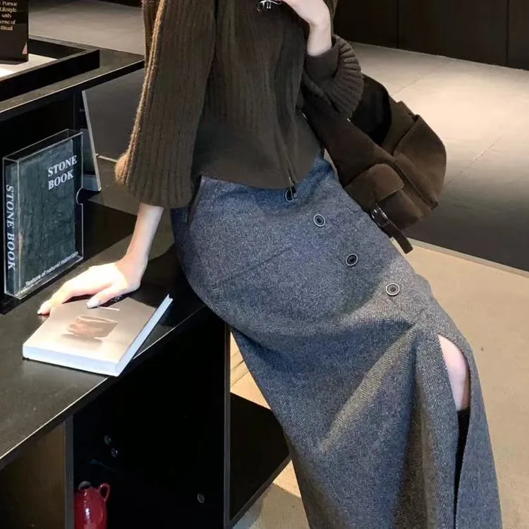 【芝士Cheese】新贵小蛮腰 双纱线花灰色系高腰显瘦前开叉半身裙