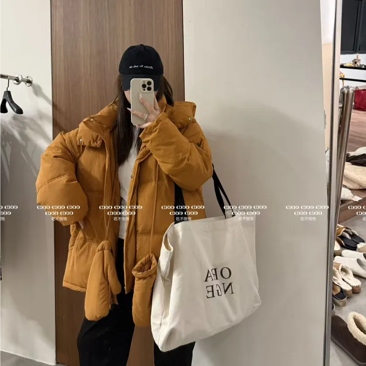 【吃不饱饱】大码 焦糖橘子 重工加厚保暖连帽手塞棉服带手套7200