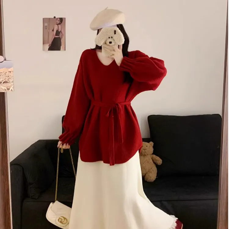 高级感V领飘带红色针织衫毛衣女秋冬大码胖MM宽松显瘦超好看上衣