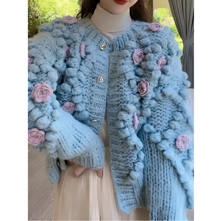 洋洋优选-秋冬新款手打粗棒针球球山茶花单排扣毛衣外套女YY71891