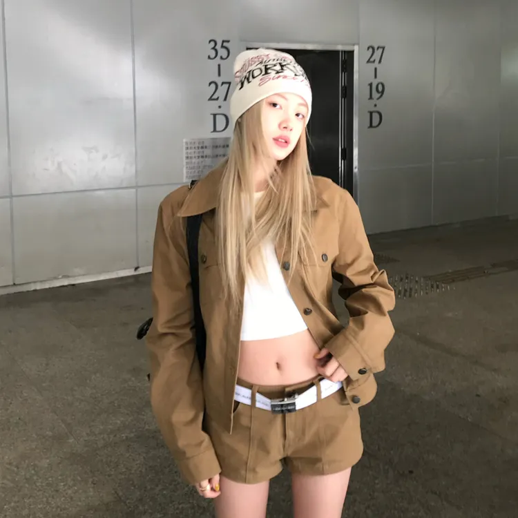 复古翻领长袖衬衫外套女2025春季新款美式辣妹高腰短裤时尚两件套