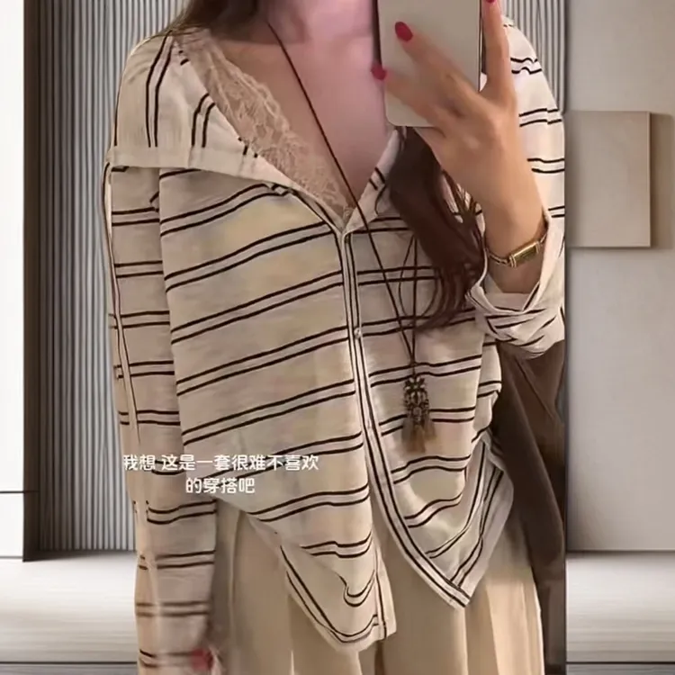 欧洲站2025新款夏季薄款港味条纹长袖连帽针织衫开衫外套