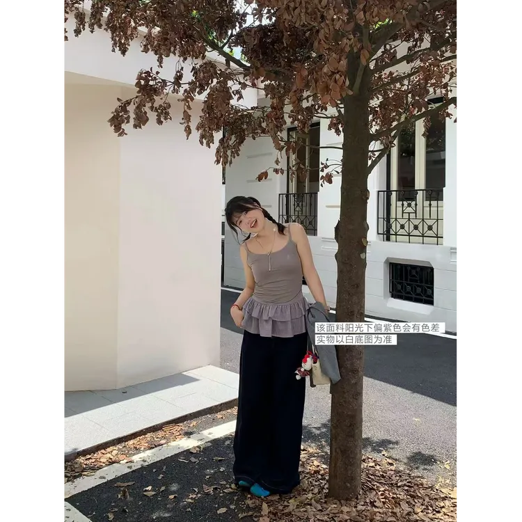 米米子“层次美学”双层格子秋日叠穿吊带芭蕾风下摆花边秋季新品女