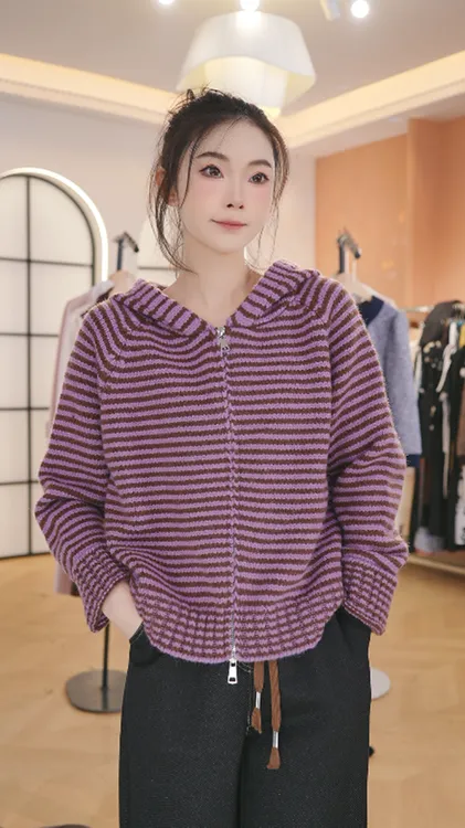 紫色条纹连帽毛衣外套女开衫秋冬小个子韩系软糯百搭针织上衣加厚