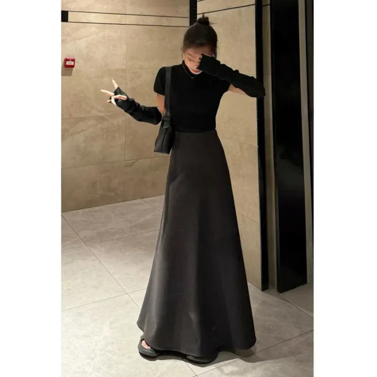 秋冬新款气质高腰显瘦极简A字毛尼半身裙时尚垂感百搭休闲长裙