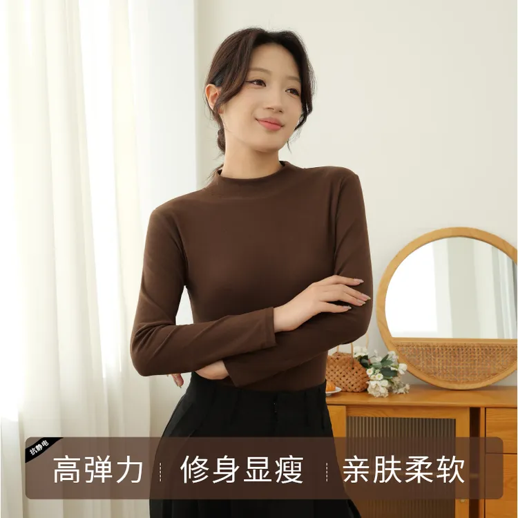 椰油绒磨毛小立领打底衫春秋冬女内搭红人修身长袖T恤纯色上衣