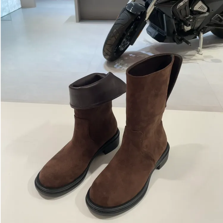 牛皮版~韩国靴圆头小众中筒靴粗跟骑士靴2025秋冬显瘦棕色马丁靴