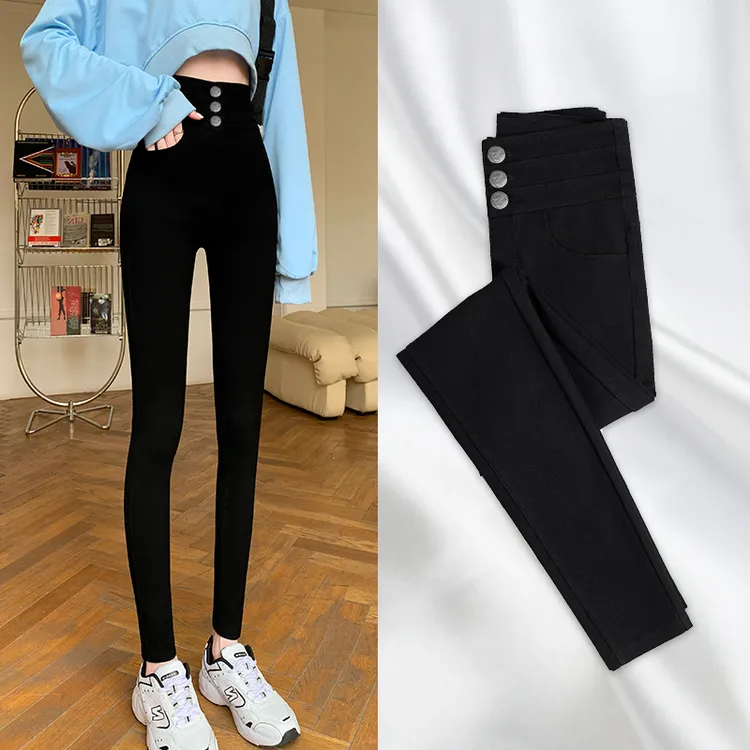 黑色2025秋季薄款三排扣高腰打底裤女外穿紧身显瘦小脚高弹铅笔裤