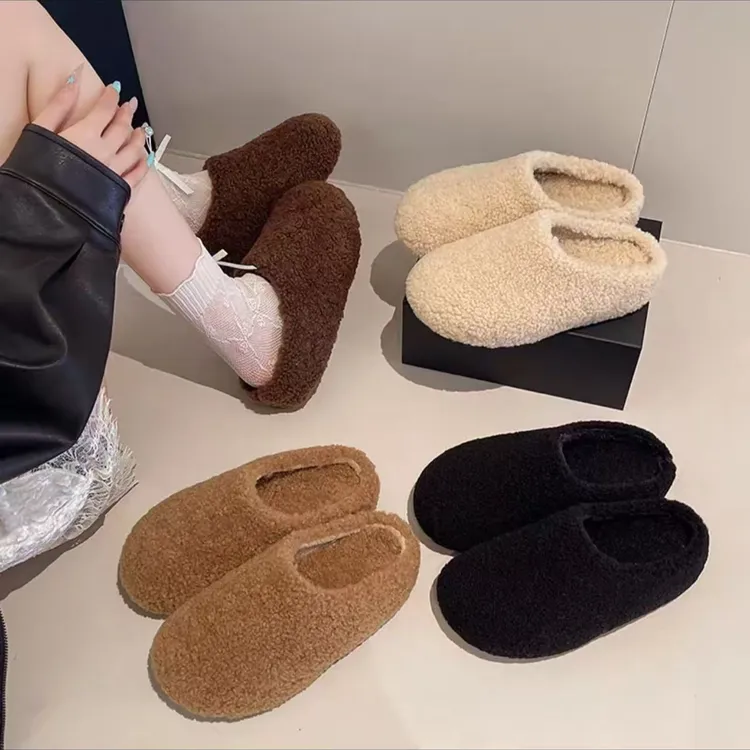 2025秋季新款毛毛鞋反绒毛纯色韩版车缝线浅口厚底棉拖鞋包头拖YK