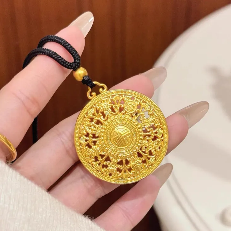 铜合金项链 新中式瑞吉祥八宝罗盘吊坠项链镂空福字圆盘毛衣链