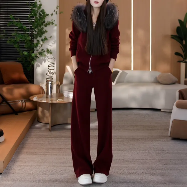 超好看深冬装一整套女可拆卸毛毛领拉链卫衣外套阔腿裤加绒两件套
