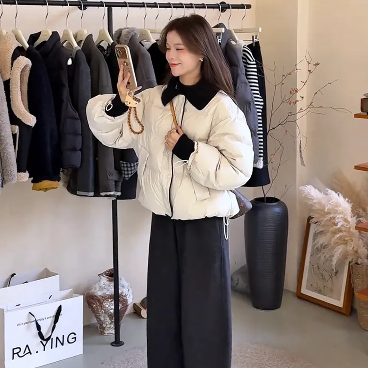 韩系设计感撞色针织翻领羽绒服女2025冬季新款保暖白鸭绒短款外套
