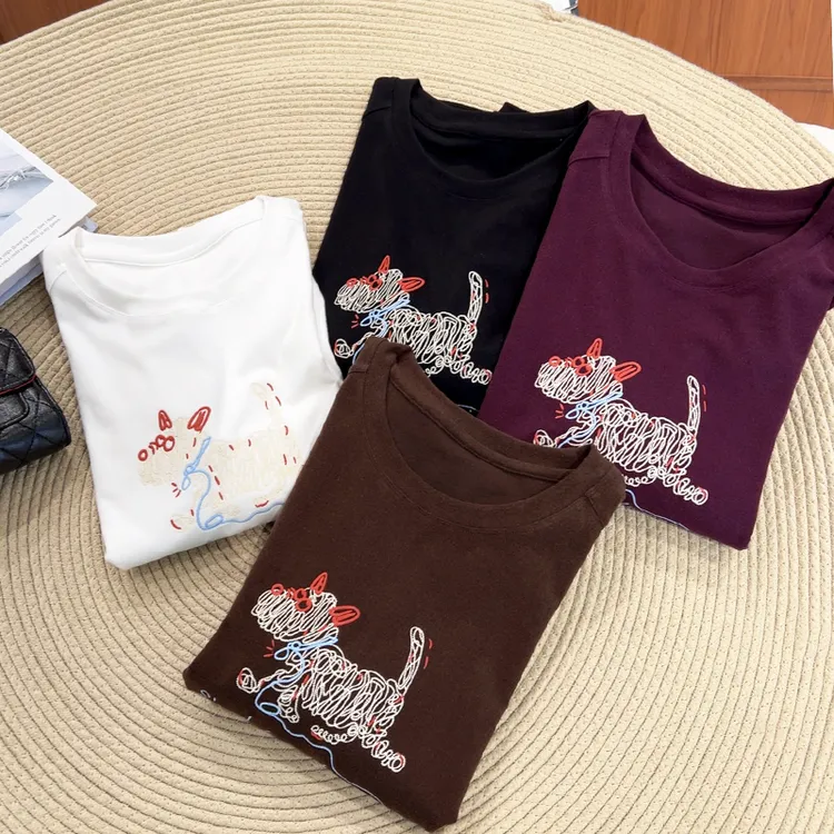 必魅-2025冬季韩系ins刺绣磨毛正肩长袖T恤百搭上衣打底衫75810