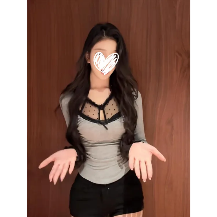 纯欲风蕾丝拼接灰色针织上衣女早秋Y4654