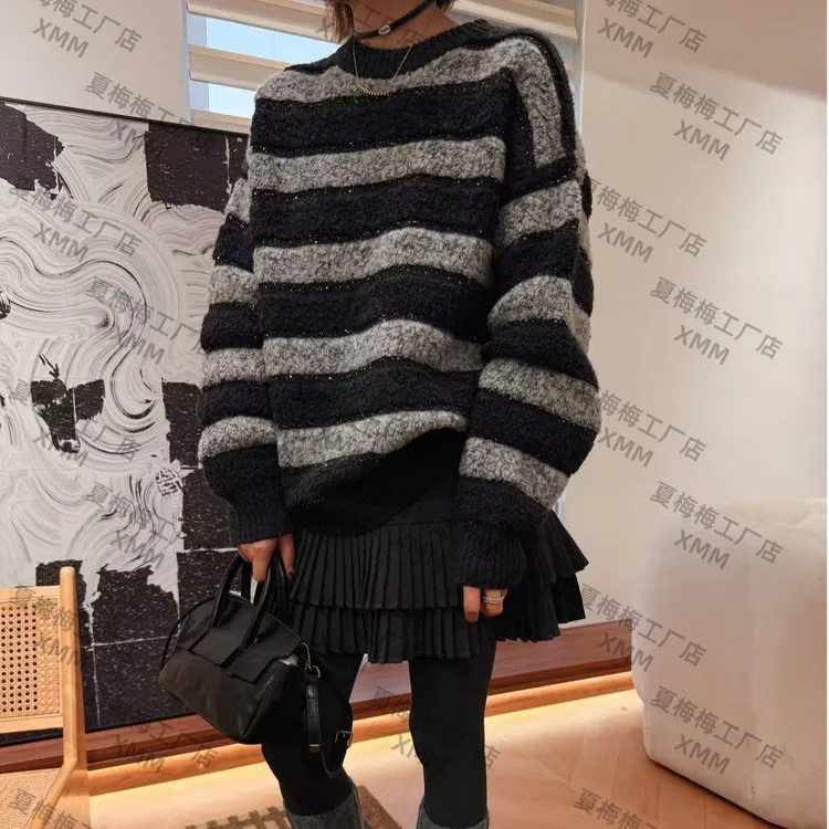 XMM.【百分百绵羊毛圆领亮片毛衣】不可机洗针织条纹慵懒风冬725035