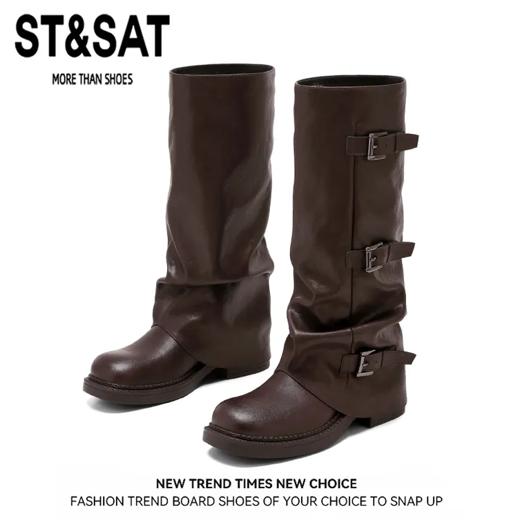 星期六美拉德不过膝长靴女2025新款网红复古骑士靴粗跟裤管高筒靴