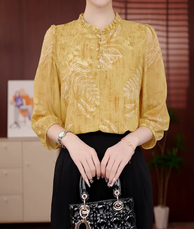 2025年初秋款小黄花衬衫薄款打底修身木耳领长袖显瘦0911