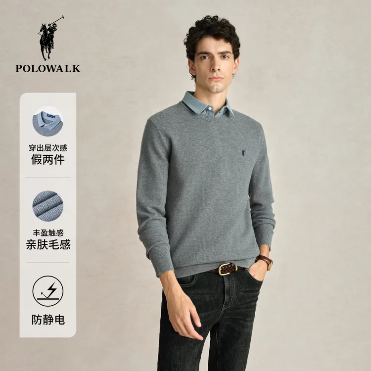 【防静电】POLOWALK25新男商务休闲假两件长袖时尚百搭衬衫领针织衫