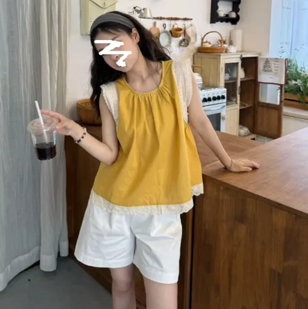 由子衣舍/Youzi Atelier蕾丝花边拼接无袖衬衫女新款甜美娃娃衫